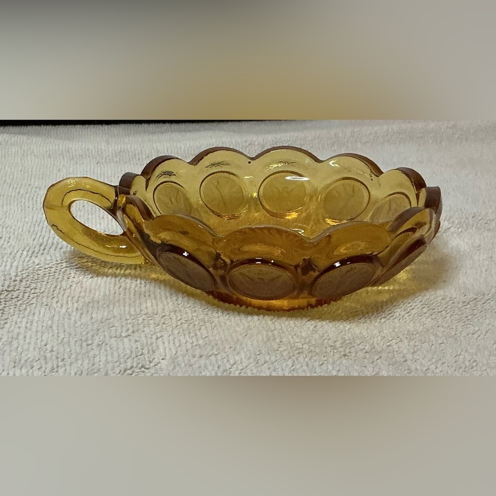 Fostoria Amber Coin Nappy Dish Glass 1887 Liberty Eagle Torch Pattern Handle Vtg